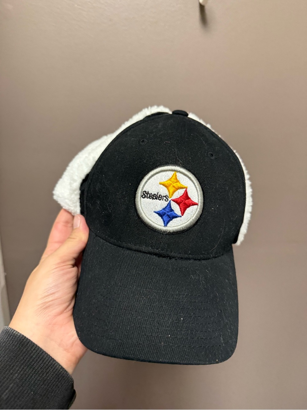NFL Black Hat with White Earflaps and Steelers Patch